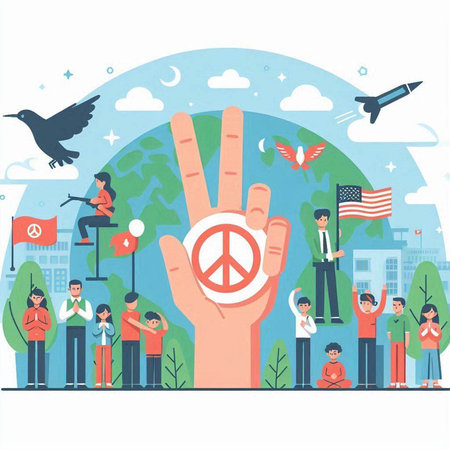 Hands with peace sign and people around the world vector illustration.のイラスト素材