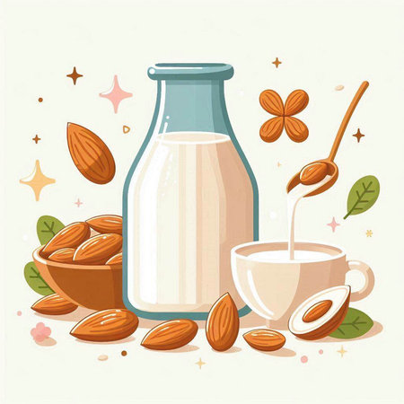 Almond milk in a glass bottle and nuts. Vector illustration.のイラスト素材