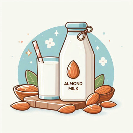 Almond milk in a bottle and a glass. Vector illustration.のイラスト素材