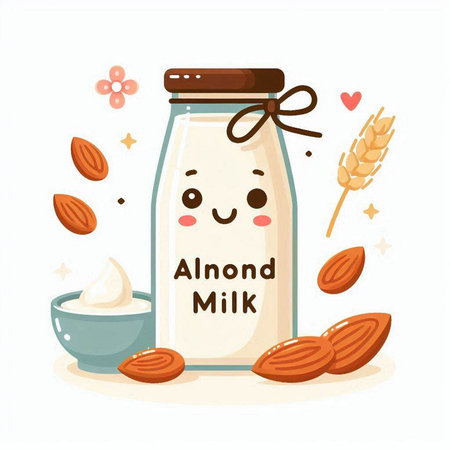 Almond milk in a glass jar with nuts. Vector illustration.のイラスト素材