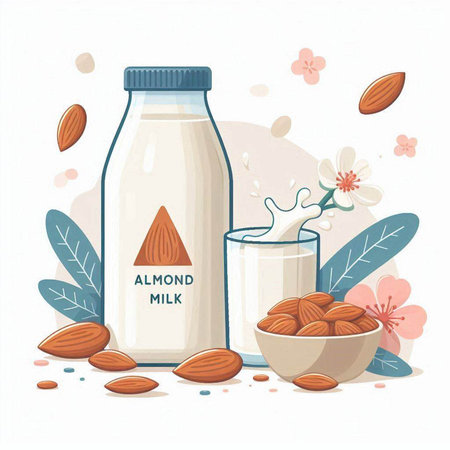 Almond milk in a bottle with almonds and flowers. Vector illustration.のイラスト素材