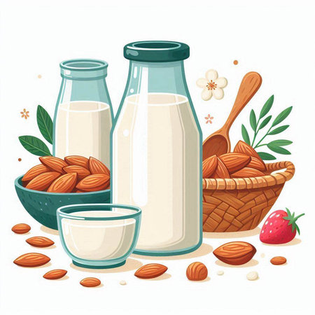 Vector illustration of milk in a glass bottle, a bowl of almonds and a jar of milk.のイラスト素材