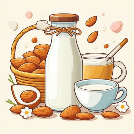 Almond milk, milk in a bottle, a basket of nuts and a cup of milk.のイラスト素材