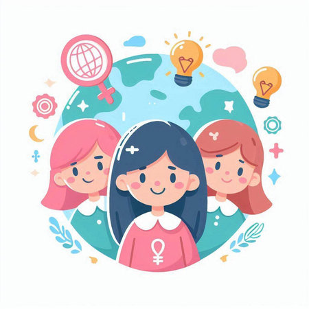 World Breast Cancer Day Vector Illustration. Group of Smiling Women Wearing Pink T-Shirt with World Map, Light Bulb and Globe.のイラスト素材