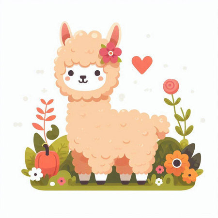 Cute alpaca with flowers and hearts. Vector illustration.のイラスト素材