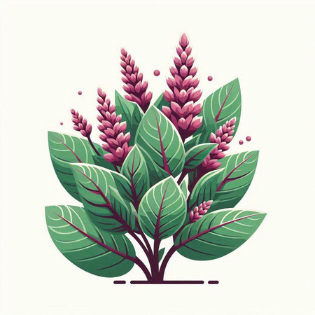 Vector illustration of a green plant with pink flowers and leaves on a white backgroundのイラスト素材