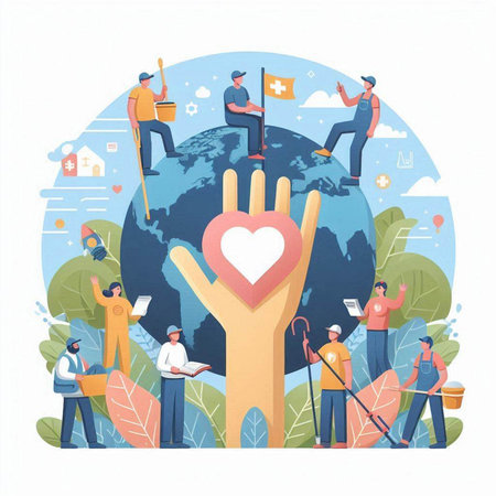 Volunteer community concept vector illustration. Cartoon flat tiny people character with human hand, volunteering and charity work, volunteer help, help or supportのイラスト素材