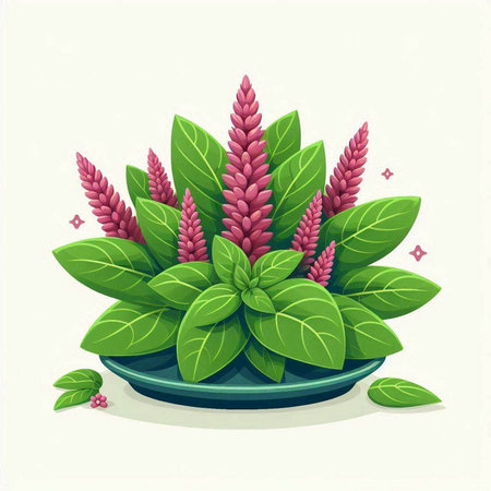 Illustration of a green bowl with red amaranth flowers.のイラスト素材