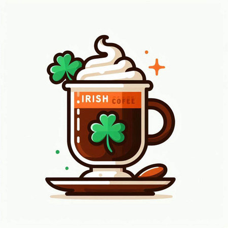 Coffee cup with whipped cream and clover leaf. Vector illustration.のイラスト素材