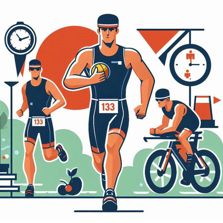 Vector illustration of triathlon athlete running in the park. Healthy lifestyle.のイラスト素材
