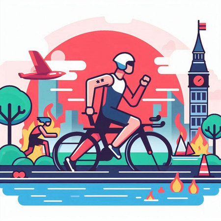 Cyclist in the city. Vector illustration in flat style.のイラスト素材