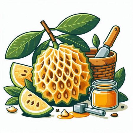 Fresh guava fruit with leaves and honey jar. Vector illustration.のイラスト素材