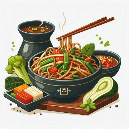 Noodle soup with soy sauce, vegetables and chopsticks. Vector illustrationのイラスト素材