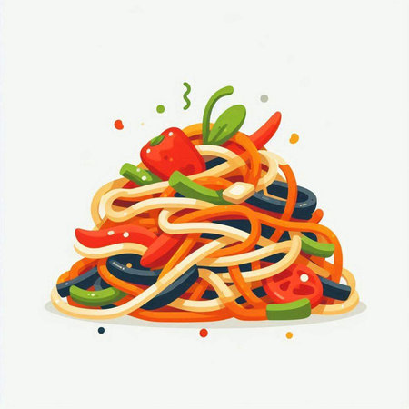 Spaghetti with vegetables. Vector illustration of a traditional Italian pasta.のイラスト素材