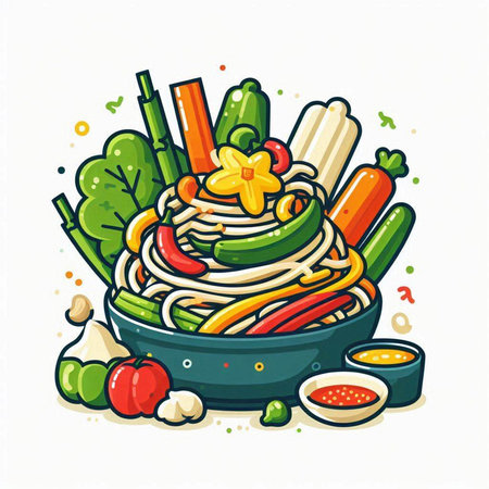Soba noodles in a pan with vegetables and condiments. Vector illustration.のイラスト素材