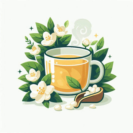Cup of tea with jasmine flowers and leaves. Vector illustration.のイラスト素材