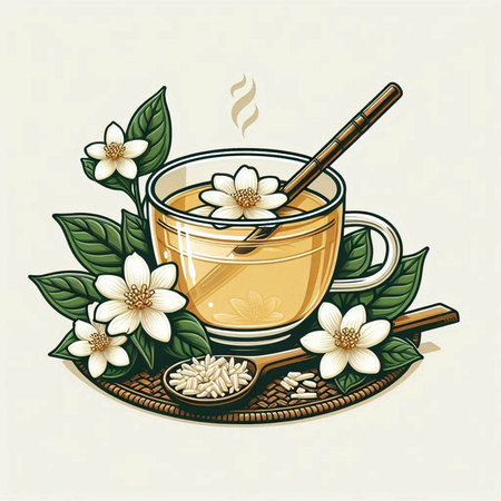 Illustration of a cup of tea with jasmine flowers.のイラスト素材
