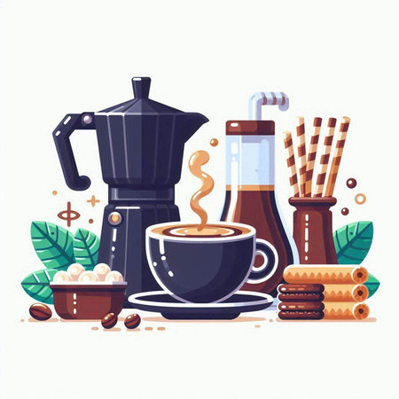 Coffee break. Coffee cup, coffee beans, cookies, french press, moka pot, espresso maker. Vector illustrationのイラスト素材