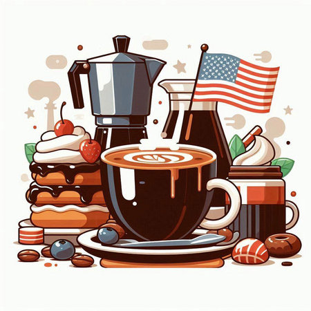 Cup of coffee with american flag and sweets. Vector illustration.のイラスト素材