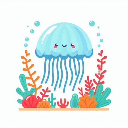 Cute jellyfish in the sea. Vector illustration in flat styleのイラスト素材