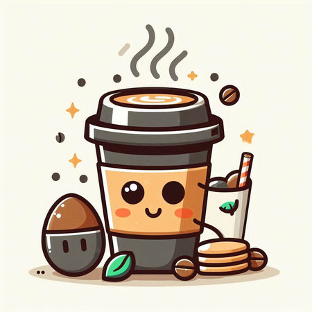 Coffee cup cartoon character vector illustration. Coffee cup and coffee beansのイラスト素材