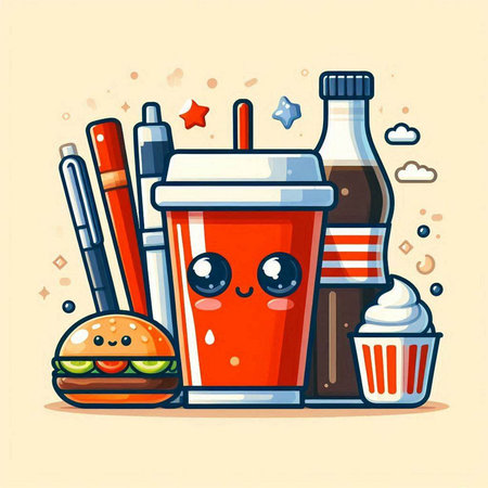 Cute fast food vector illustration in flat style. Hamburger, cola, ice cream, kawaii burger and drink cup.のイラスト素材