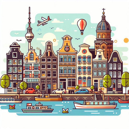 Amsterdam cityscape, Netherlands. Vector illustration in flat style.のイラスト素材