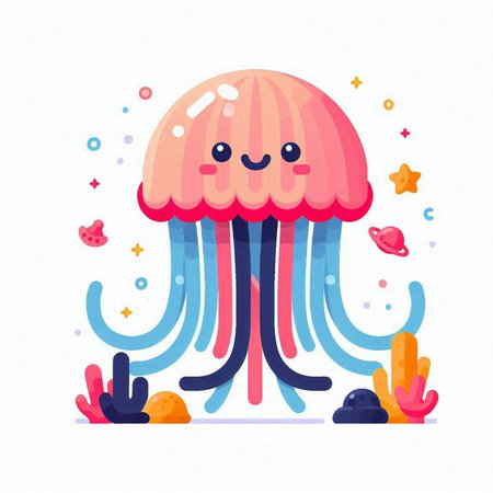 Cute cartoon jellyfish on a white background. Vector illustration.のイラスト素材