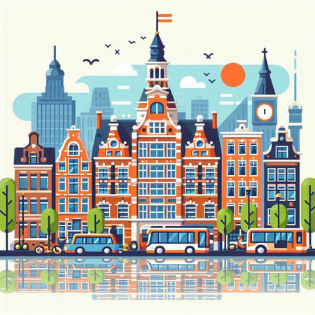 Amsterdam city, Netherlands, Europe. Vector illustration in flat styleのイラスト素材
