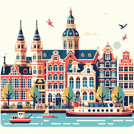 Amsterdam cityscape. Vector illustration in flat style. EPS10のイラスト素材