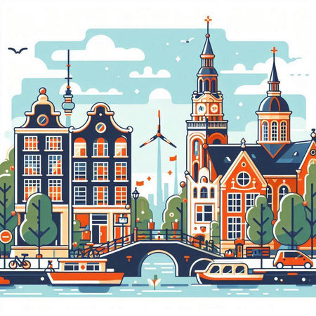 Amsterdam cityscape, Holland, Netherlands. Vector illustration in flat styleのイラスト素材