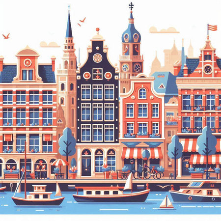 Amsterdam, Netherlands. Vector illustration of Amsterdam cityscape with old houses, boats and people.のイラスト素材