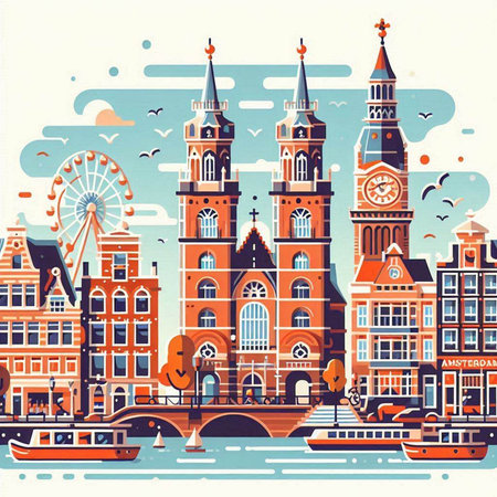 Amsterdam, Holland. Hand drawn vector illustration in vintage style.のイラスト素材
