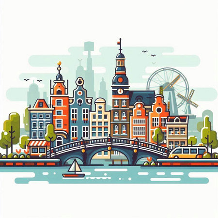 Amsterdam, Netherlands city skyline with famous buildings. Vector illustration.のイラスト素材