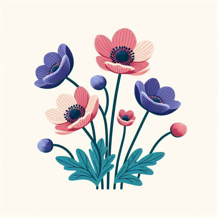 vector illustration of anemone flowers with leaves in a flat styleのイラスト素材