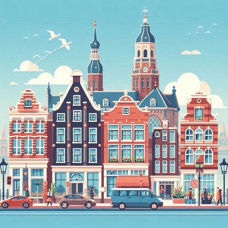 Amsterdam, Netherlands. Street view with old houses, cars and people. Vector illustrationのイラスト素材