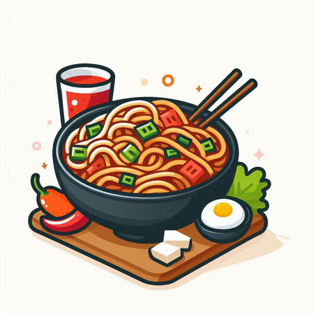 Illustration of udon noodle with chopsticks and tomato juiceのイラスト素材