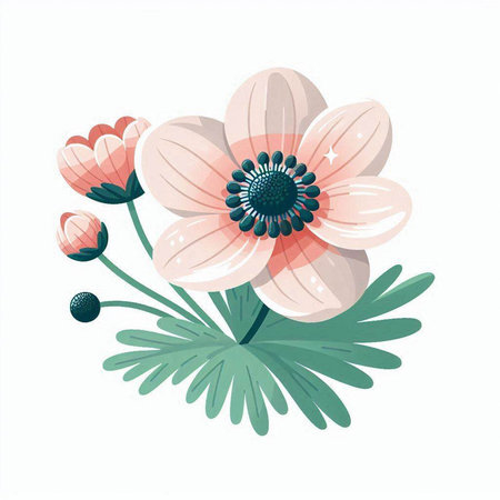 Hand drawn vector abstract floral illustration with pink anemone flowers isolated on white backgroundのイラスト素材