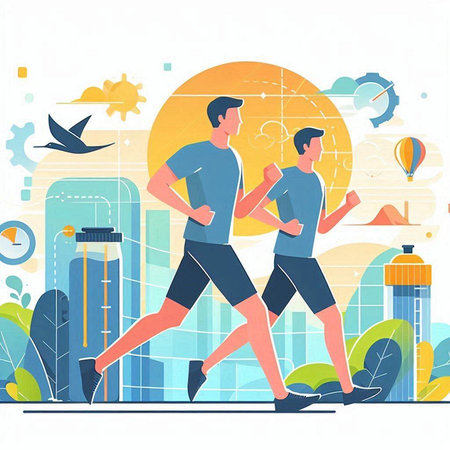 Vector illustration of two men jogging in the city. Health conceptのイラスト素材
