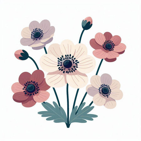 Bouquet of anemone flowers. Hand drawn vector illustration.のイラスト素材