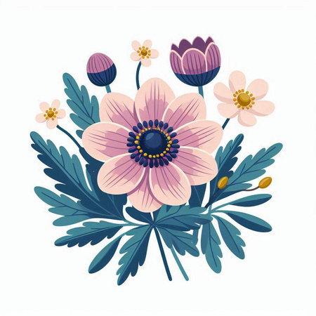 Flower bouquet with pink anemones. Vector illustration.のイラスト素材