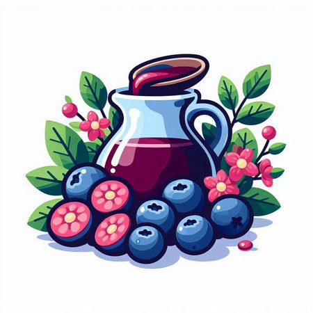 Blueberry juice in a jug with berries and leaves. Vector illustration.のイラスト素材
