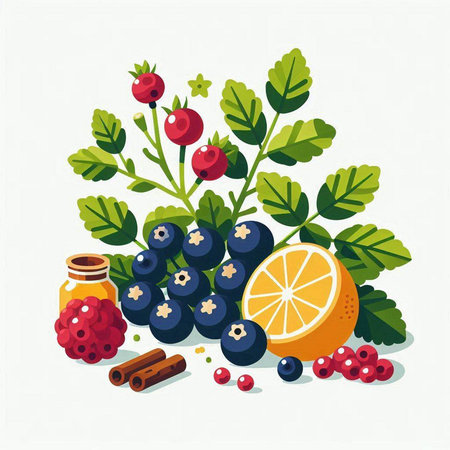Vector illustration of a bunch of berries, orange, cinnamon, cranberry, lemon, green leaves and honey.のイラスト素材