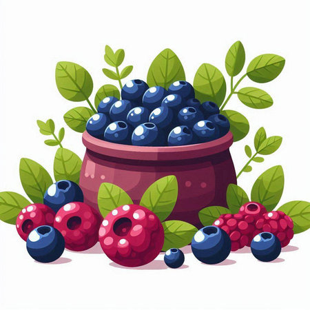 Bowl of fresh blueberries and raspberries. Vector illustration.のイラスト素材
