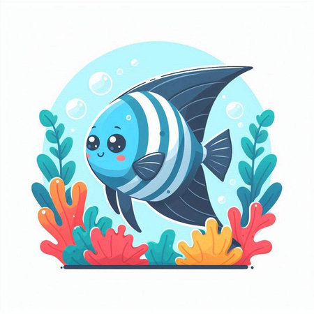 Cute cartoon blue fish swimming in the sea. Vector illustration.のイラスト素材