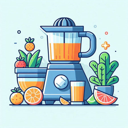 Vector illustration of juicer with fruits. Flat line art style.のイラスト素材