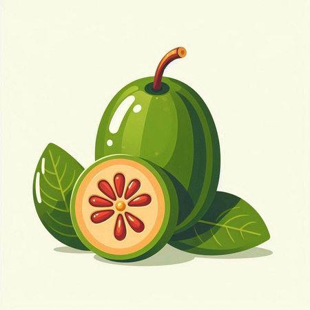 Fresh guava fruit with leaves on white background. Vector illustration.のイラスト素材