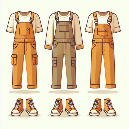 Set of work overalls and sneakers. Vector illustration in cartoon styleのイラスト素材