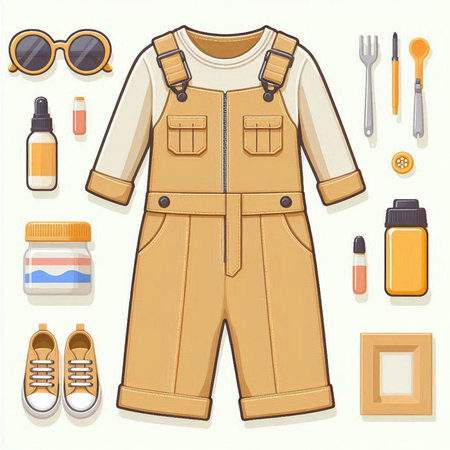 Clothing and accessories for a child: overalls, shorts, sneakers, glasses, bottle of water.のイラスト素材
