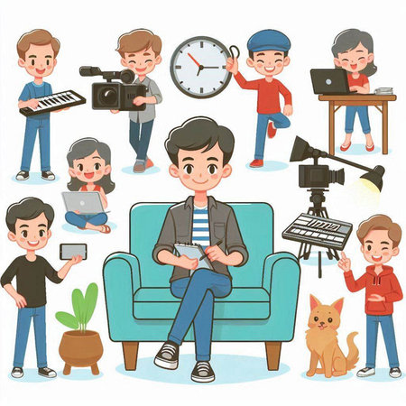Illustration of men and women sitting on the sofa with various gadgetsのイラスト素材